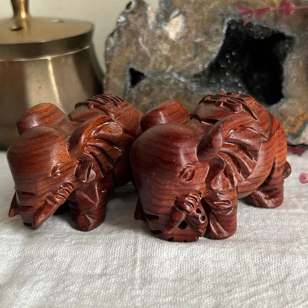 Set of 2 Small Protective Carved Wooden Elephants Long Life and Abundance